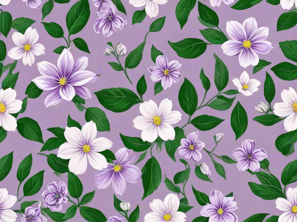 create a seamless floral pattern featuring purple and white flowers with green leaves on a light lavender background