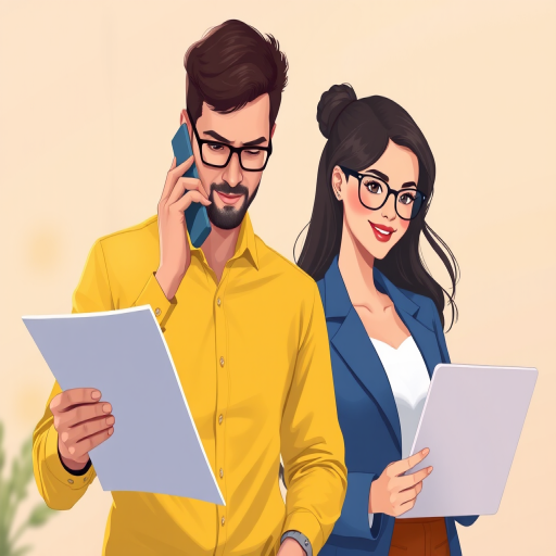 Create a digital illustration featuring a man in a yellow shirt on the phone looking at a document and a woman in a blue blazer holding a laptop; use a soft focus background with warm pastel colors, a medium shot view, digital art style, and a high-resolution setting at 300 DPI.