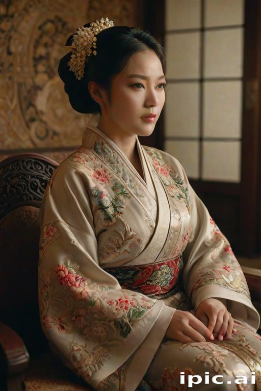 A beautiful woman in traditional East Asian attire, intricately detailed with embroidered patterns, sitting gracefully in a richly decorated room, soft ambient lighting, serene and elegant, ultra-realistic, 8K resolution