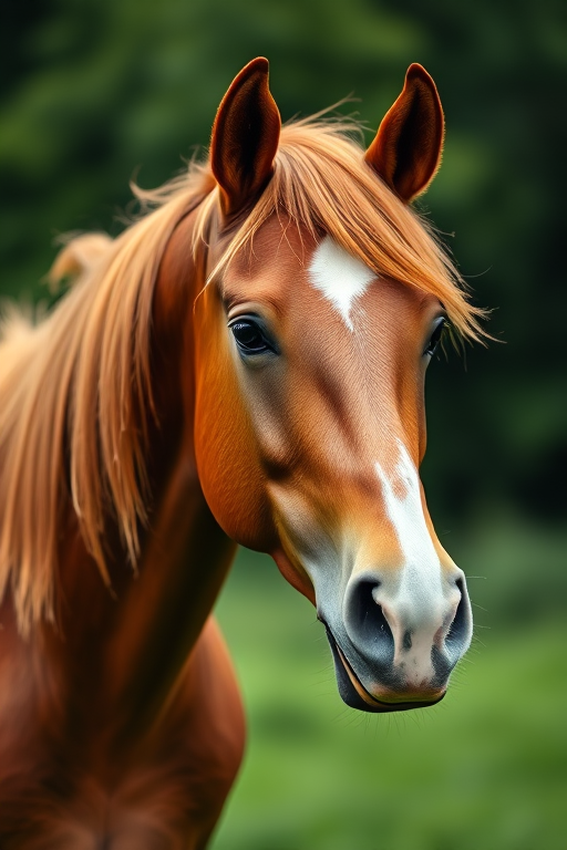 portrait of a chestnut horse with a flowing mane in a lush green background, captured with a DSLR camera, 50mm lens, aperture f/1.8, ISO 200, natural light, shallow depth of field, focused on the horse's face