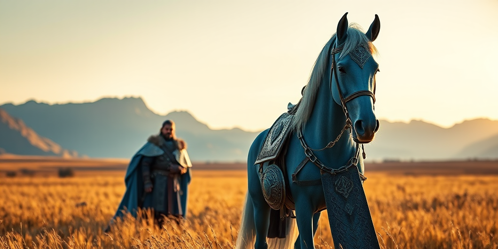 Create a high-resolution image of a fantasy scene featuring an elven warrior in ornate blue armor standing beside a majestic blue horse in a golden field with mountains in the background, captured using a DSLR camera with a 50mm lens at f/1.8, ISO 100, in soft natural lighting at golden hour.