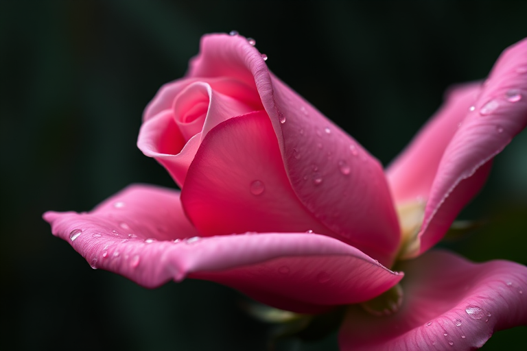 close-up shot of a wet pink rose with drops of water on its petals, shallow depth of field, natural light, ISO 100, aperture f/2.8, 50mm lens, DSLR camera, focus on flower with dark blurred background