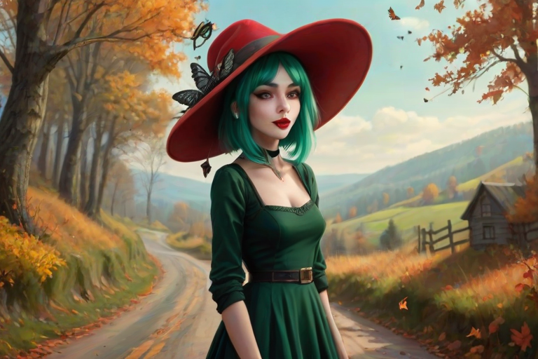 digital art fantasy depicting a strange girl with green hair, long eyelashes, red lipstick and a tall hat walking along a winding road on an autumn afternoon, an Butterfly smiles as she passes