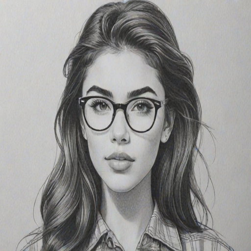 Delightful Madison Beer, pencil sketch, portrait of Magnificent woman 1955s in glasses, hair style beatnik, outline, clear lines, fine lines, 8k