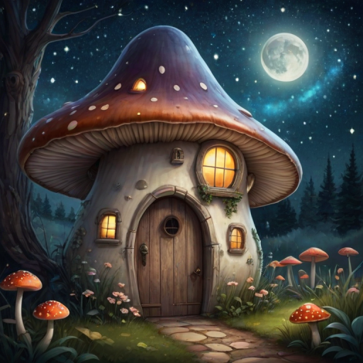 imagine illustration of a mushroom house with a door and a window, a storybook , fantasy art, mushroom house, bg starry sky, sparkles
