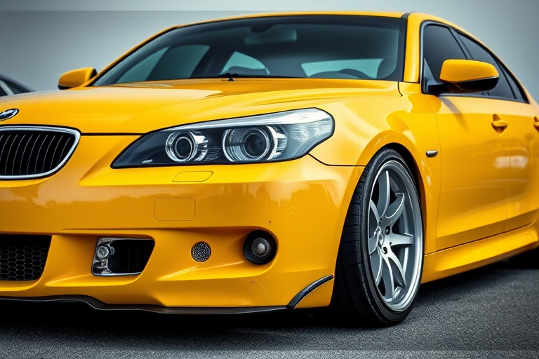 regenerate an image of a modified yellow car with sleek lines and a lowered stance, capture it using a DSLR camera at ISO 100, aperture f/2.8, shutter speed 1/200s, wide-angle lens, front three-quarter view, high dynamic range style for enhanced details and vibrant colors.