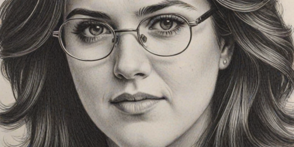 Enchanting Monica Lewinsky, pencil sketch, portrait of Sublime woman 1976s in glasses, hair style beatnik, outline, clear lines, fine lines, 8k