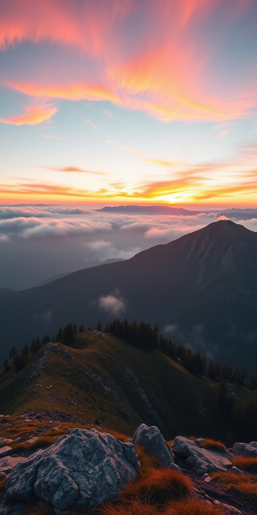 Generate a high-resolution image of a serene mountain landscape at sunrise with vibrant colors and soft mist, shot with a Canon EOS R5, 24mm lens, aperture f/8, ISO 100, shutter speed 1/60s, using a wide-angle view for depth and clarity.