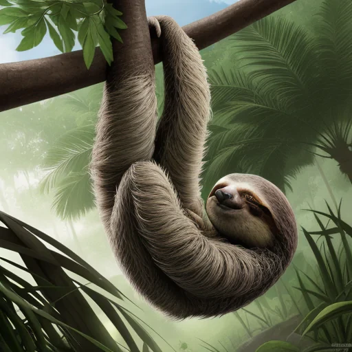 A Relaxed Sloth Hanging from a Tree in a Lush Jungle Setting.