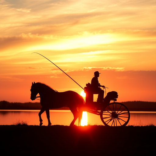 Generate a scene of a silhouetted horse-drawn carriage with a rider fishing against a vibrant sunset sky, use a Canon EOS R5 with a 50mm lens, aperture f/1.8, ISO 100, and 1/200s shutter speed for sharp detail and rich colors.