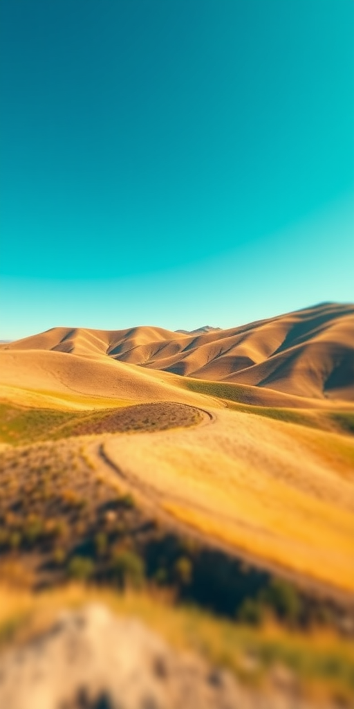 Regenerate a vibrant landscape featuring rolling hills under a clear blue sky, shot with a Canon EOS R5 at 24mm, f/8, ISO 100, with a shallow depth of field, wide-angle view, and natural lighting for enhanced image quality.