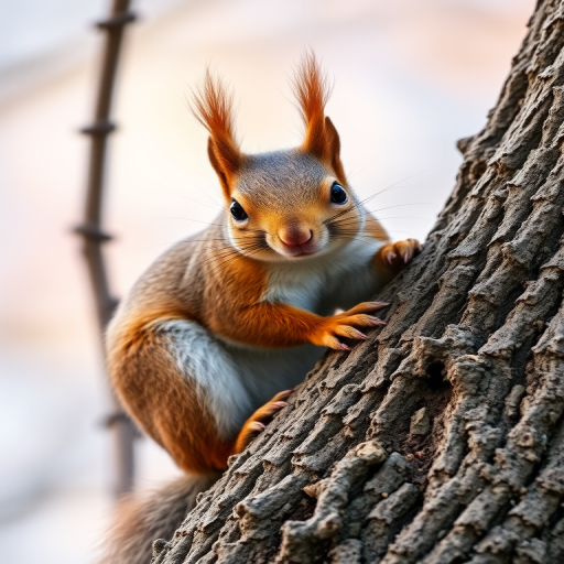 A close-up shot of a squirrel perched on a tree branch, captured with a Canon EOS 90D, 50mm lens, aperture f/2.8, ISO 200, shutter speed 1/500s, natural light, soft focus background to enhance depth and detail.