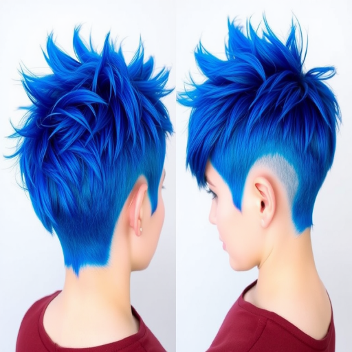 Electric blue pixie cut known as "Sapphire Spark" boasts spiky textured layers and a bold undercut design, creating a dynamic and eye-catching silhouette