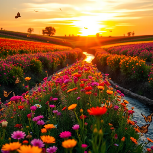 regenerate a vibrant landscape at sunset featuring colorful fields of flowers, butterflies fluttering, and a tranquil stream, captured with a Canon EOS R5, 24mm lens, f/8 aperture, ISO 100, in a wide-angle shot with soft focus on the foreground for depth.