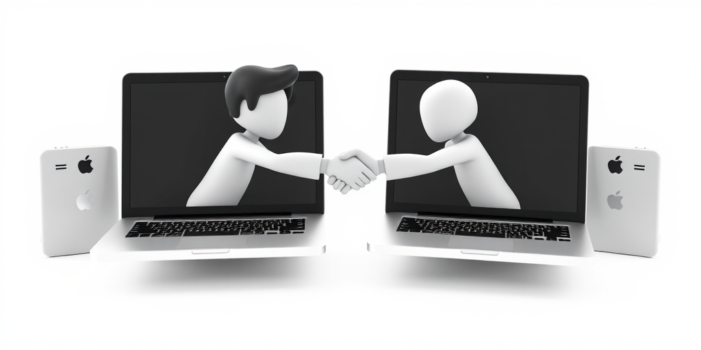 two 3D characters shaking hands emerging from open laptops on a white background, with soft natural lighting, using a 50mm lens, f/2.8 aperture, ISO 100, shot from a slightly elevated front view with a DSLR camera to emphasize depth and clarity