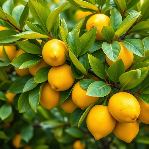 Generate a vibrant digital illustration of a lemon tree with bright yellow lemons and lush green leaves, captured with a DSLR camera at f/2.8 aperture, ISO 100, 50mm lens, in a close-up perspective for enhanced detail and clarity.