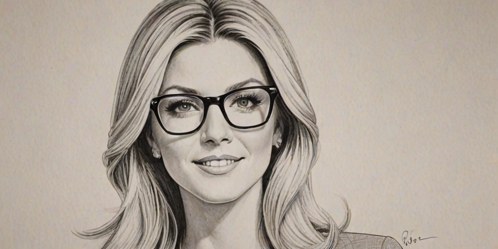 Enticing Ainsley Earhardt, pencil sketch, portrait of Captivating woman 1972s in glasses, hair style beatnik, outline, clear lines, fine lines, 8k