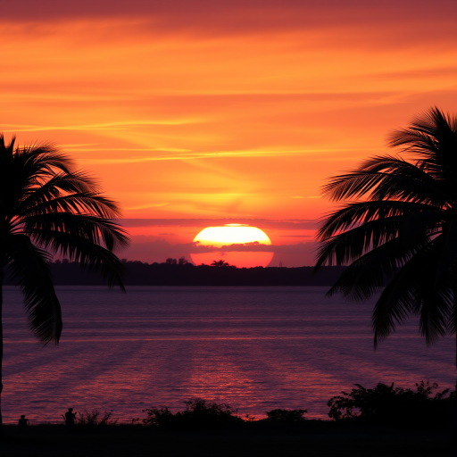 sunset over a calm lake with vibrant orange and purple hues in the sky, silhouettes of palm trees in the foreground, shot with a DSLR camera at f/8 aperture, ISO 200, 1/200 sec shutter speed, landscape orientation, golden hour lighting