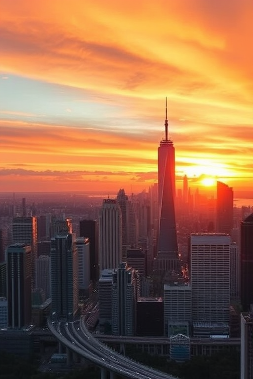 Generate a crisp and detailed image of a futuristic city skyline at sunset with vibrant colors, 35mm lens, f/8 aperture, ISO 200, shot from a high vantage point, using a DSLR camera to enhance clarity and depth.