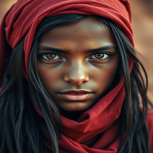 Create a portrait of a young Tuareg male with long, dark hair and captivating hazel eyes. She is wearing a red headscarf and a matching scarf draped gracefully around her neck. The background is softly blurred, focusing attention on her serene and natural expression. The overall color palette is muted and warm, enhancing the intimate and authentic feel of the portrait.
