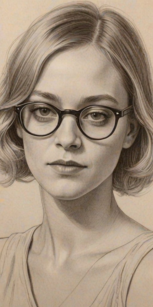 Charming Chlo' Sevigny, pencil sketch, portrait of Resplendent woman 1922s in glasses, hair style beatnik, outline, clear lines, fine lines, 8k