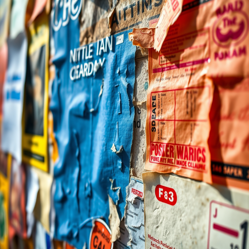 Close-up shot of a textured wall covered in colorful, peeling posters, natural light, aperture f/8, ISO 200, 50mm lens, macro photography, high dynamic range.