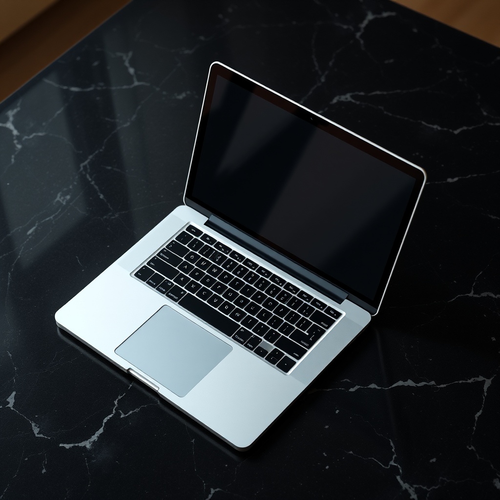 Create a high-resolution image of an open laptop on a dark, marbled table surface with a smooth texture, using a DSLR camera with a 50mm lens at f/2.8 aperture, ISO 100, and a shot taken from a 30-degree angle to capture the laptop's screen reflecting ambient light.