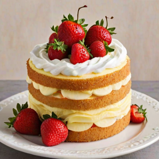 Create an image of a rolled cake with a light yellow sponge, filled with whipped cream and fresh strawberries. The cake should be partially unrolled, showcasing the layers of cream and fruit. The background should be a simple, neutral color to emphasize the cake.