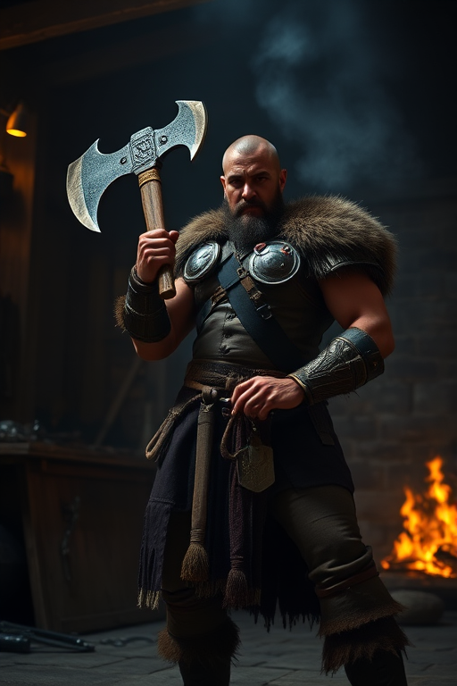 generate an image of a strong warrior holding a large axe in a dimly lit medieval workshop with a glowing fire in the background, using a DSLR camera with 50mm lens, aperture f/1.8, ISO 100, shutter speed 1/200s, capturing a low angle view with dramatic lighting to enhance details and atmosphere