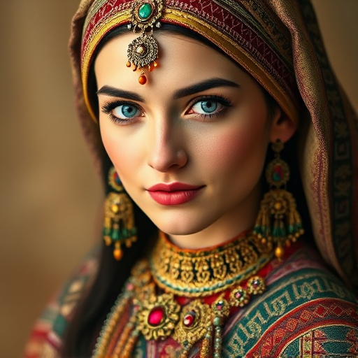 Create a portrait of a beautiful Circassian woman with striking cyan eyes and a gentle expression. She is adorned in traditional attire with intricate patterns, including a richly embroidered headscarf and matching garments. Her jewelry includes a delicate headpiece, dangling earrings, and ornate bracelets, all featuring vibrant gemstones and detailed metalwork. The background is soft and warm, enhancing the rich colors of her outfit and jewelry.