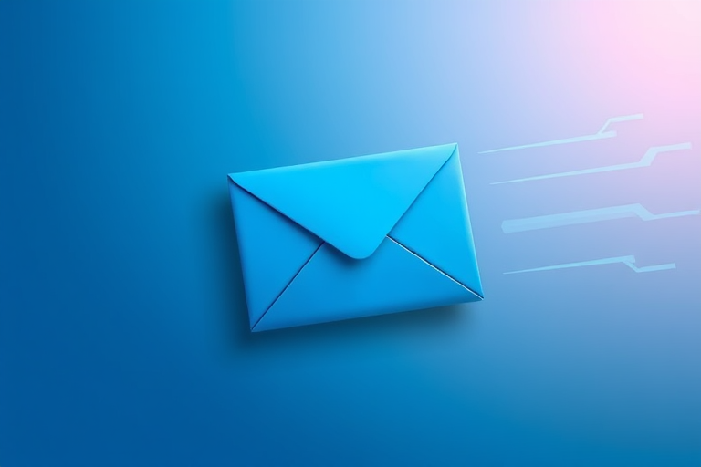 Create an image of a stylized blue envelope with motion lines indicating speed on a soft gradient background, shot with a Canon EOS R5 at f/2.8, ISO 100, 1/200s, using a wide-angle lens to enhance depth and clarity.