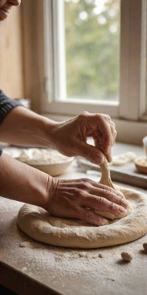 Warmly lit close-up of a pair of hands shaping dough on a flour-dusted countertop, with baking ingredients scattered around, and soft light from a nearby window creating a cozy kitchen scene.