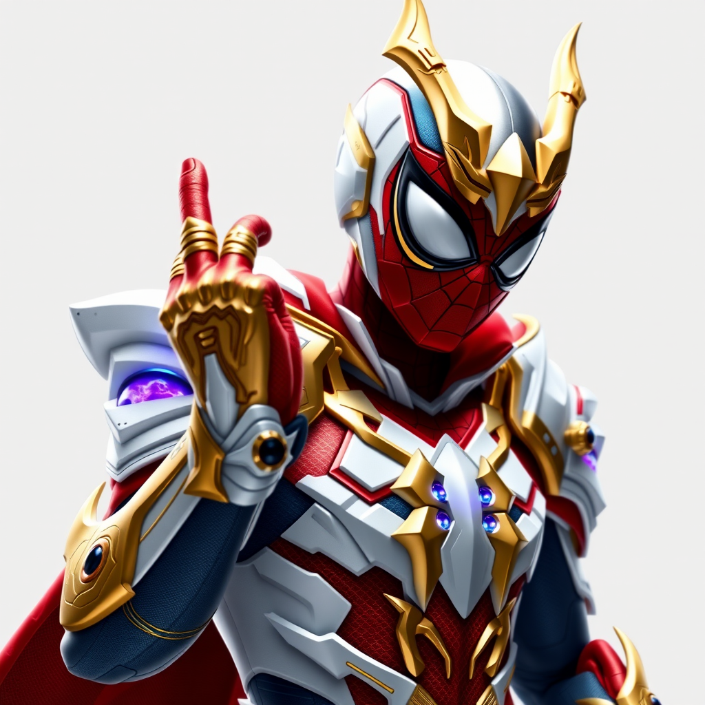 A high-budget, anime-style wallpaper featuring Spiderman in an epic White, blue red Kirin armor. Golden dragon gloves, the gloves is in the shape of dragon heads, Golden dragon head gloves, White glossy eyes, The armor is designed with metallic details that reflect light, showcasing intricate Kirin motifs. Spiderman's armor is a striking gradient of blue, red and white, with Colorful galaxy inner sections, making it look both powerful and sleek. The background is flat white, with Kirin-shaped blue-violet glowing rune relic to give the impression power, striking pose, the Kirin's armor is dominantly in white, with some details in blue and red, Cinematic anime action scene, cinematic action pose, medium shot action portrait, dramatic effect of shadow and light.