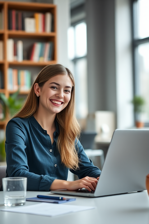 a young woman smiling while working on a laptop in a modern office with bookshelves in the background, soft natural lighting, depth of field focus on the subject, shot with a Canon EOS R5, 50mm lens, aperture f/1.8, ISO 200, shutter speed 1/100 sec