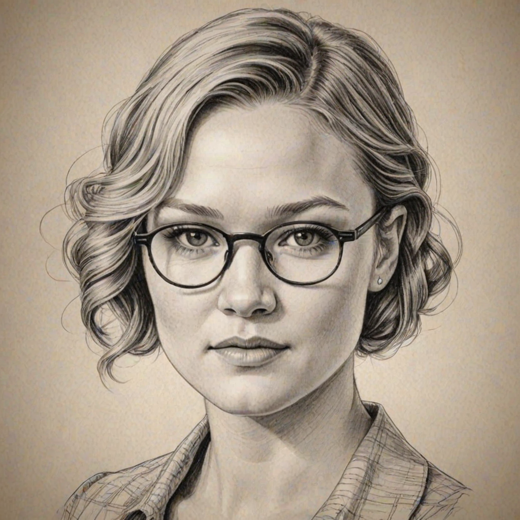 Charming Julia Stiles, pencil sketch, portrait of Comely woman 1920s in glasses, hair style beatnik, outline, clear lines, fine lines, 8k