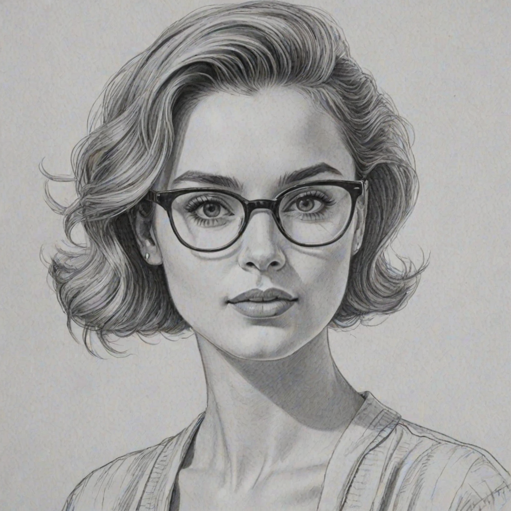Alluring Zoe Deutch, pencil sketch, portrait of Lovely woman 1955s in glasses, hair style beatnik, outline, clear lines, fine lines, 8k
