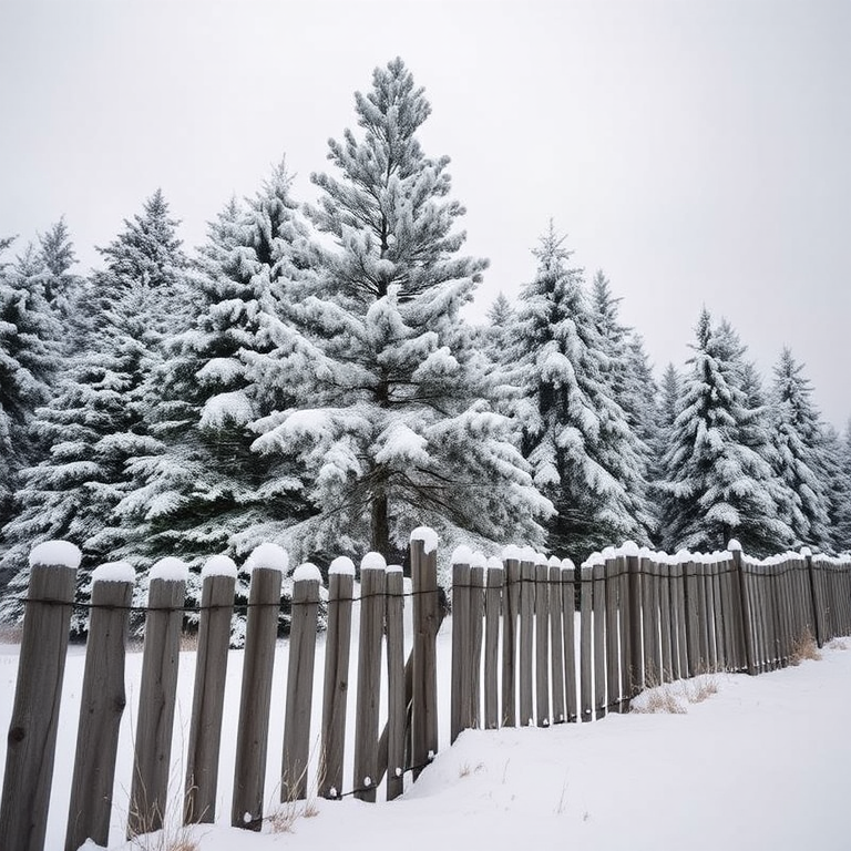 winter landscape with snow-covered pine trees and a wooden fence in the foreground, overcast sky, calm atmosphere --camera settings: ISO 200, f/8, 1/200s --camera view: wide-angle --camera style: natural lighting --camera type: DSLR