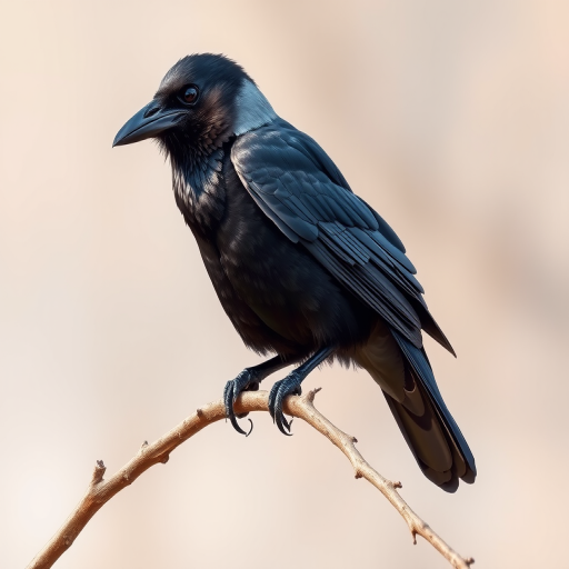 Create a detailed illustration of a crow perched on a branch, captured with a DSLR camera at f/4 aperture, 50mm lens, ISO 100, natural lighting, and a shallow depth of field to enhance image clarity and background blur.