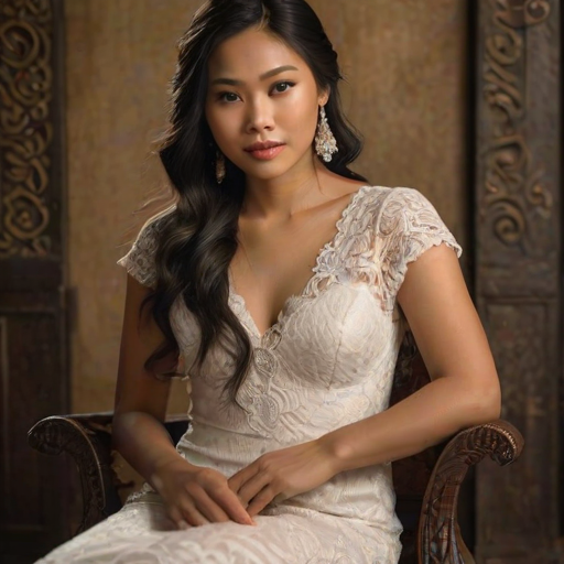 Create a portrait of a refined and elegant Cambodian woman seated in a sophisticated setting. She has long, wavy hair styled in two thick braids that are pulled over her shoulders. She wears a white, lace gown with intricate patterns, featuring a deep V-neckline and short sleeves. The dress exudes a vintage charm with its delicate lacework. She is adorned with ornate, dangling earrings that add a touch of glamour to her appearance. The background is softly lit, with warm, ambient lighting that creates a cozy and inviting atmosphere. Her expression is poised and serene, capturing a sense of grace and elegance.