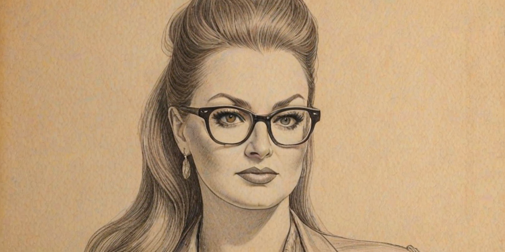 Appealing Wynonna Judd, pencil sketch, portrait of Magnificent woman 1944s in glasses, hair style beatnik, outline, clear lines, fine lines, 8k