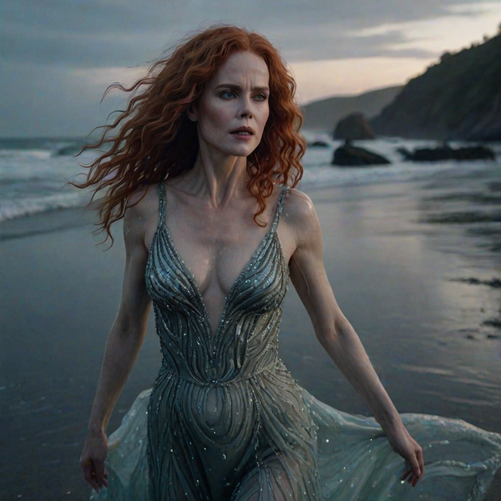 Bewitching image of Nicole Kidman, Big Little Lies star, with her porcelain skin and cascading red curls, emerging from misty waves in a sheer, iridescent gown, on a moonlit beach dotted with bioluminescent algae
