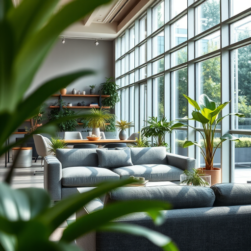 interior of a modern lounge with a gray sofa, green plants, large windows, natural lighting, bright atmosphere, focus on texture and detail, shot with a Canon EOS R6, 24mm lens, f/2.8, ISO 200, soft focus background to enhance subject clarity