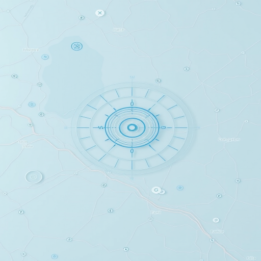 Create an abstract digital map background featuring subtle geographic elements with a light blue color palette, include overlay graphics such as radar loops and symbols, use a Canon EOS R5 camera at f/8 with a wide-angle lens, ISO 100, 1/125s shutter speed, and a flat lay view to enhance image clarity and detail.
