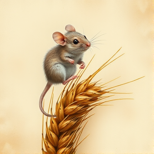 Soft, muted Alcohol Ink with ebru effect background image of tiny whimsical mousey, who climbed high on the top of a golden rye ear.