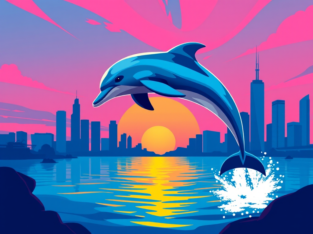 Create a vibrant digital illustration of a dolphin leaping against a stylized city skyline at sunset, with bold pink and blue colors, using a wide-angle lens at f/8, ISO 100, and a high dynamic range to enhance the contrast and clarity for a modern, pop-art aesthetic.