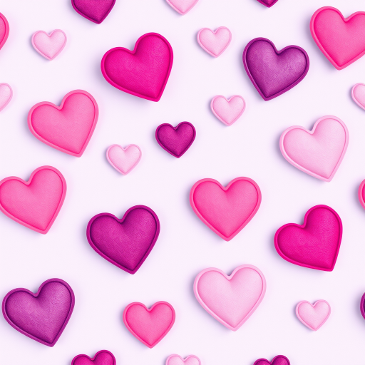 Create a seamless pattern of hearts in pink, purple, and lavender on a soft lavender background, shot with a DSLR camera at f/8 aperture, ISO 100, with a 50mm lens and a top-down perspective for optimal focus and clarity.