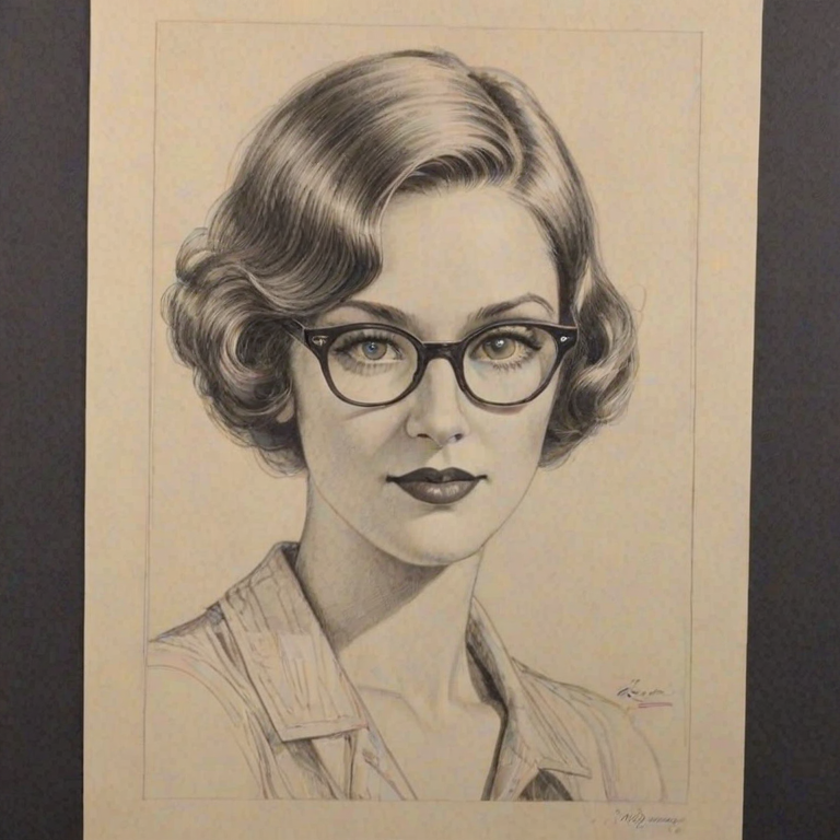 Magnificent Diane Farr, pencil sketch, portrait of Radiant woman 1929s in glasses, hair style beatnik, outline, clear lines, fine lines, 8k