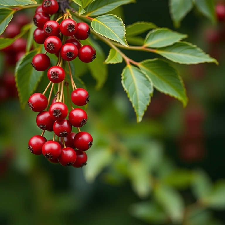 generate an image of a cluster of bright red rowan berries hanging from lush green leaves with a soft-focus background using a macro lens, aperture f/2.8, shutter speed 1/200s, ISO 100, natural light