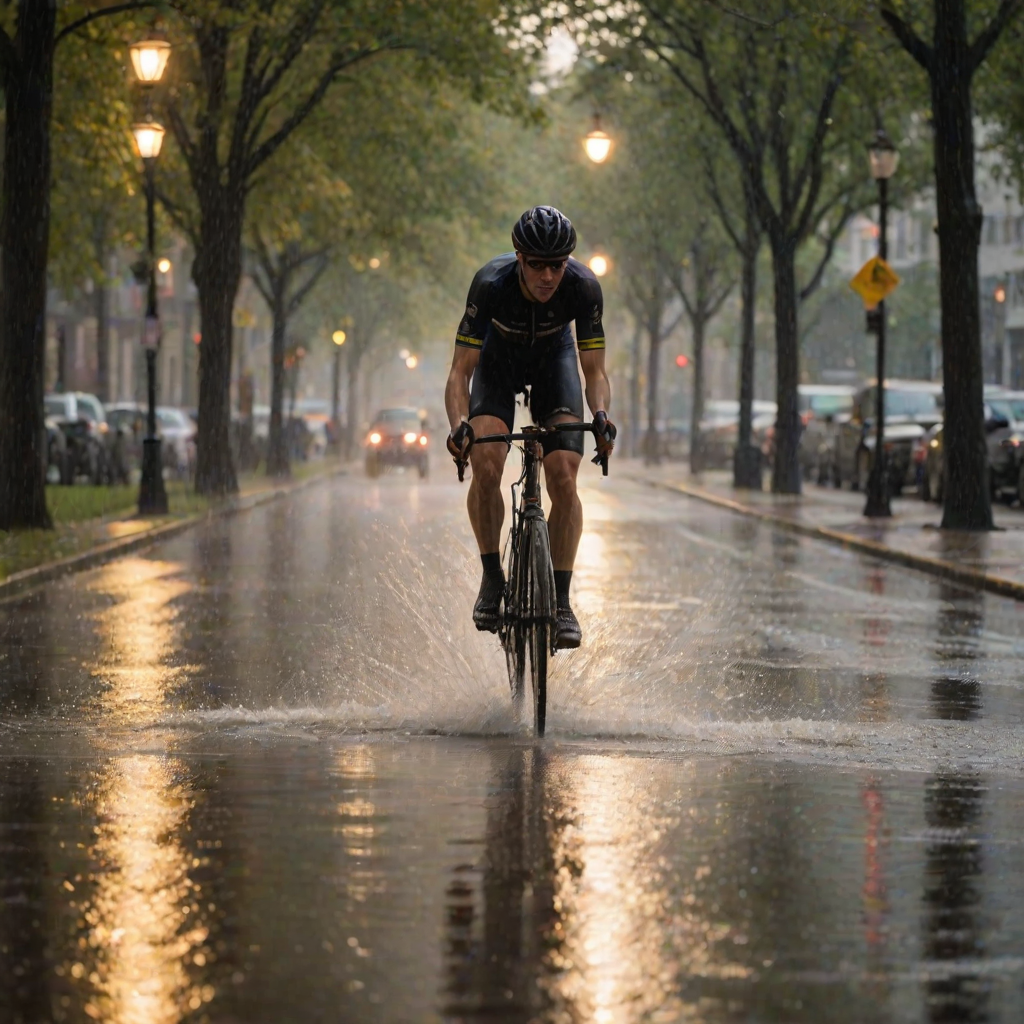 Blurry action shot of a cyclist racing through a city park in the rain, water splashing up from their tires, with soft golden light from distant streetlamps casting long shadows on the wet pavement.