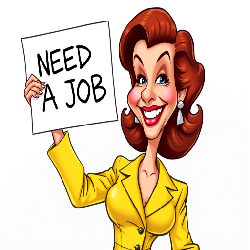 caricature of a smiling Rita Hayworth in a Yellow dress or suit, holding up a sign that says "NEED A JOB", no watermark,